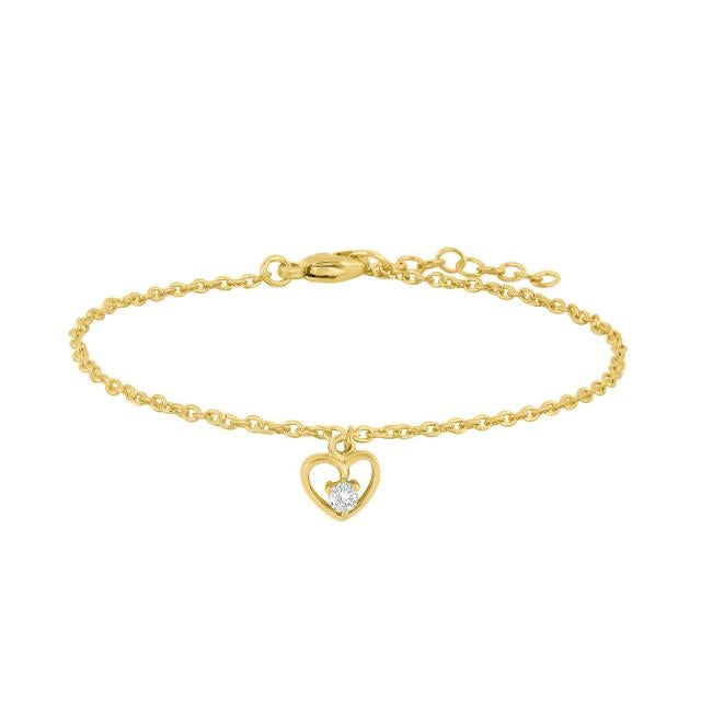 Noa Kids armbånd fra Nordahl Andersen i forgyldt sølv med hjertevedhæng og hvid zirkonia, 15+2 cm.